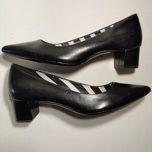 Calvin Klein Black Leather Pointed Toe Low Chunky Block Heel Pumps